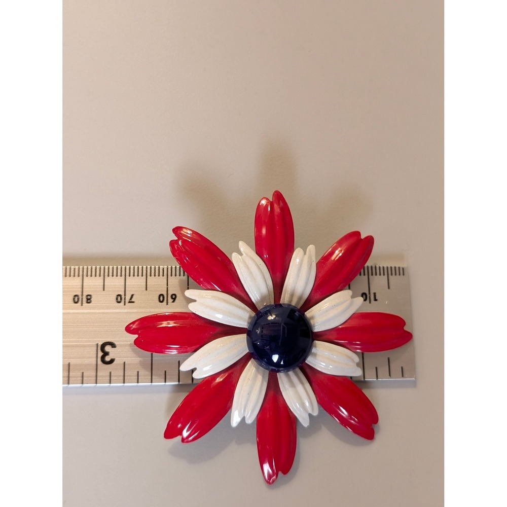 Vintage Red White Blue Enamel Flower Brooch Patriotic Floral Pin 3 Inch - Picture 3 of 5